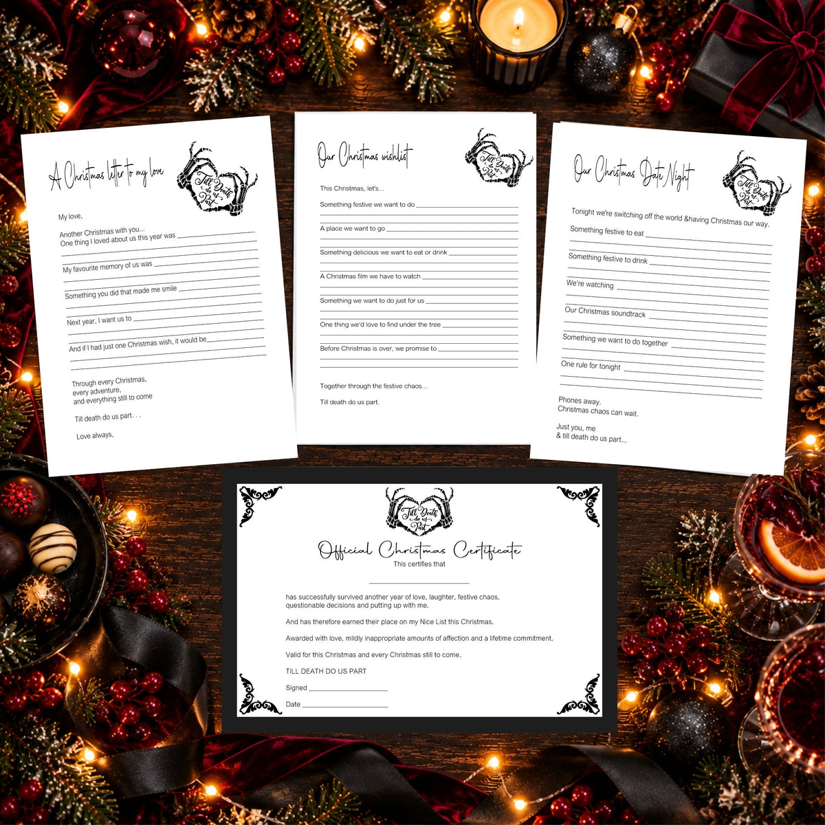 Four A4 Christmas activity sheets included in the couple's kit
