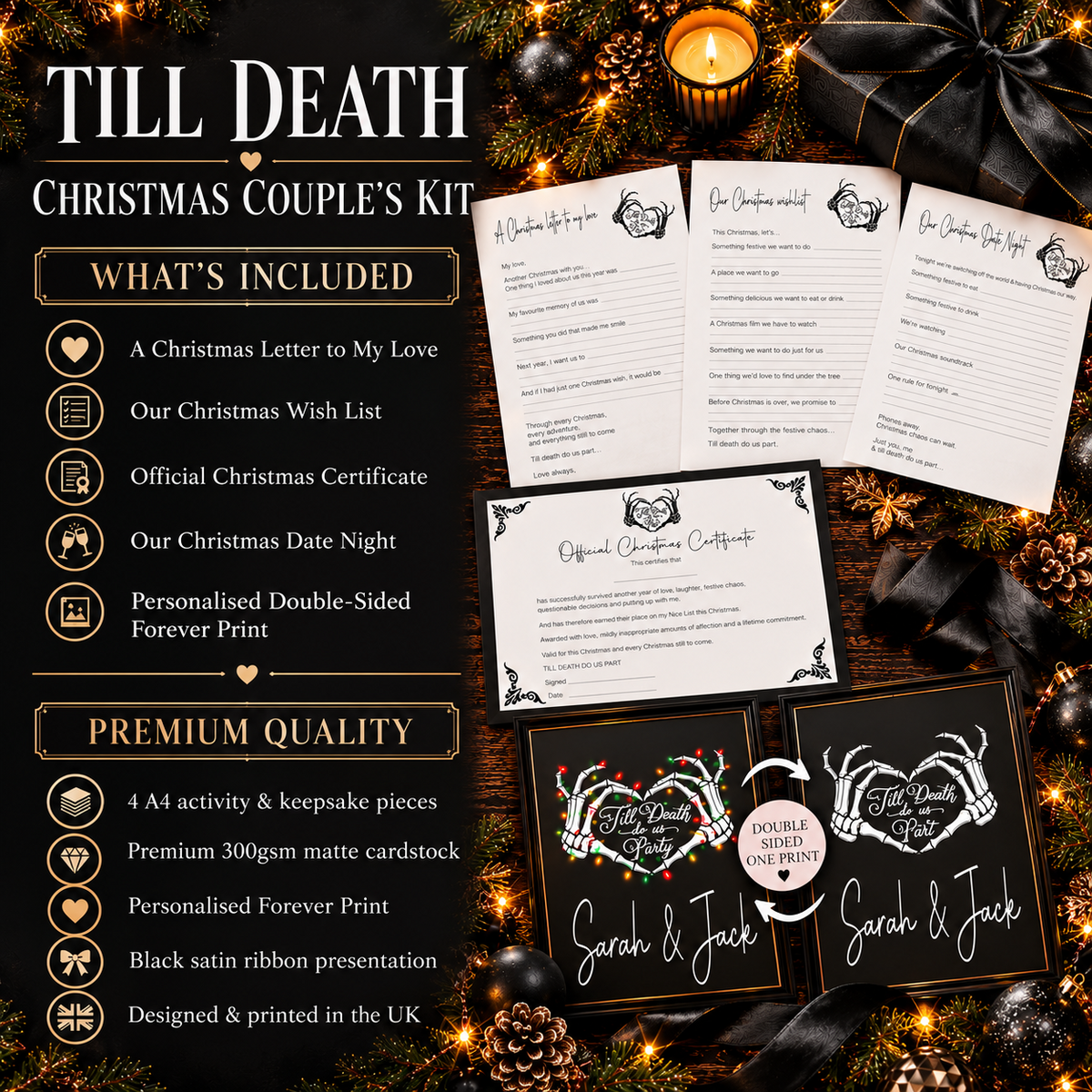 Till Death Christmas Couple's Kit contents, activity sheets and personalised double-sided Forever Print