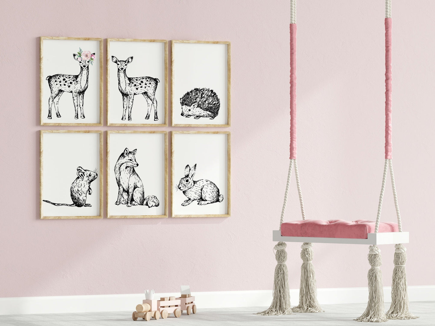 Woodland Animals Floral Crown (Or Without) Prints | Kids Wall Art