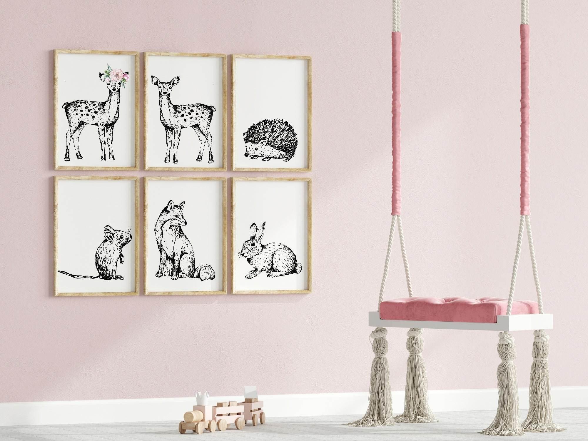 Woodland Animals Floral Crown (Or Without) Prints | Kids Wall Art - Larosier Prints