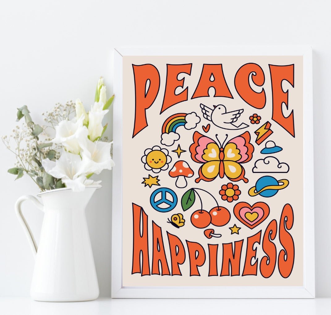 70's Inspired Peace & Happiness Print | Positive Mindfulness Wall Art