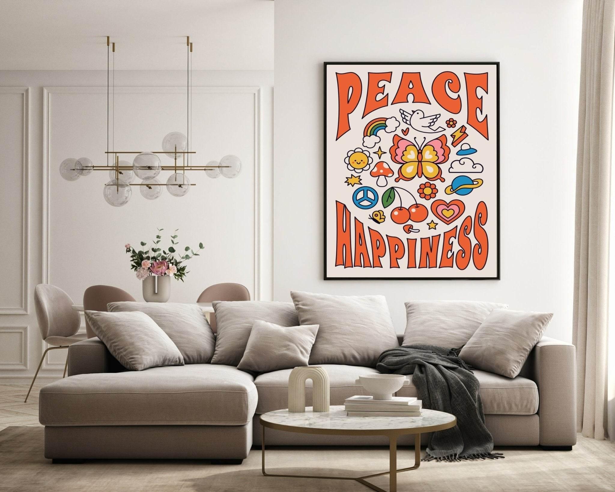 70's Inspired Peace & Happiness Print | Positive Mindfulness Wall Art - Larosier Prints