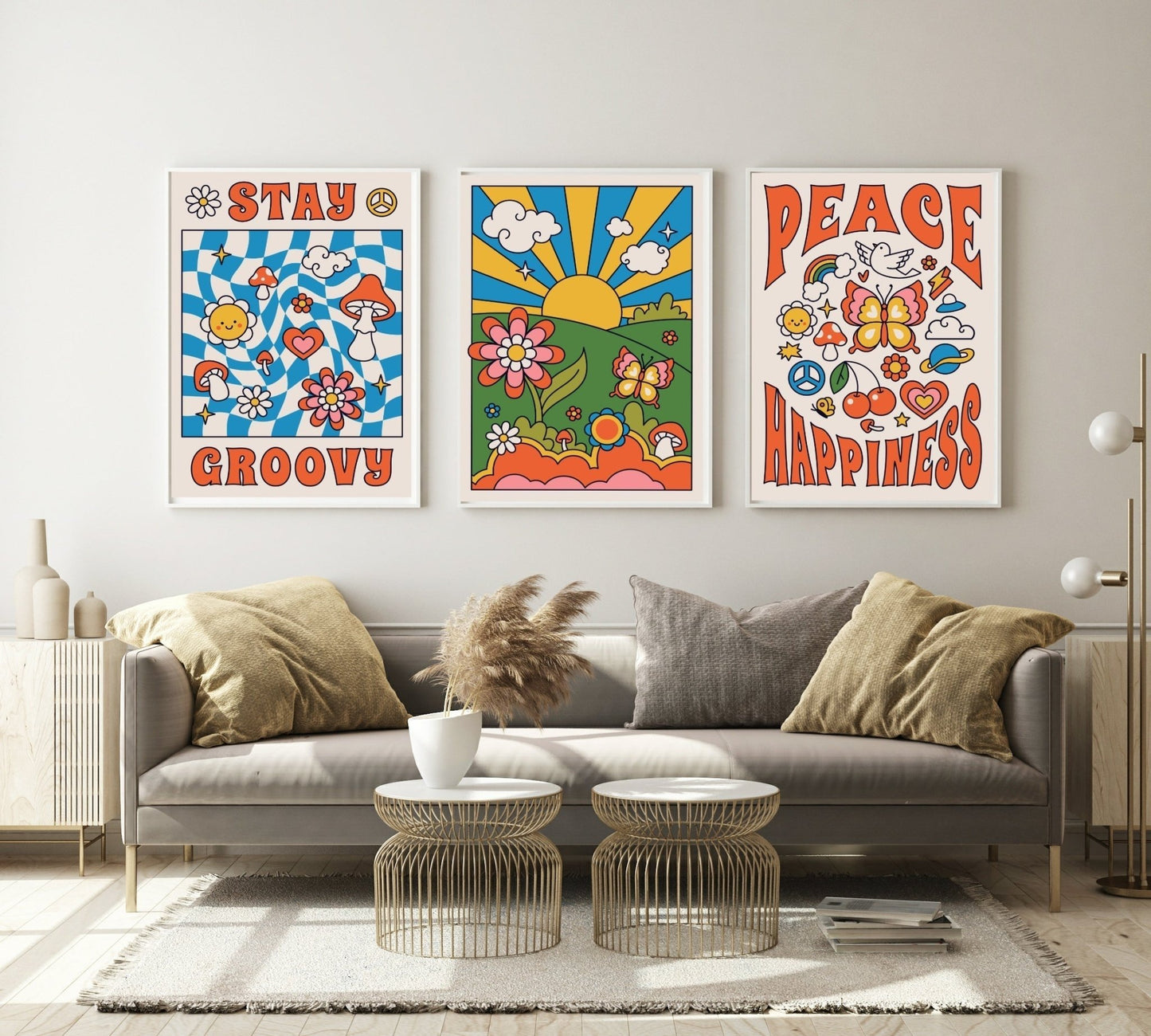 70's Inspired Peace & Happiness Print | Positive Mindfulness Wall Art