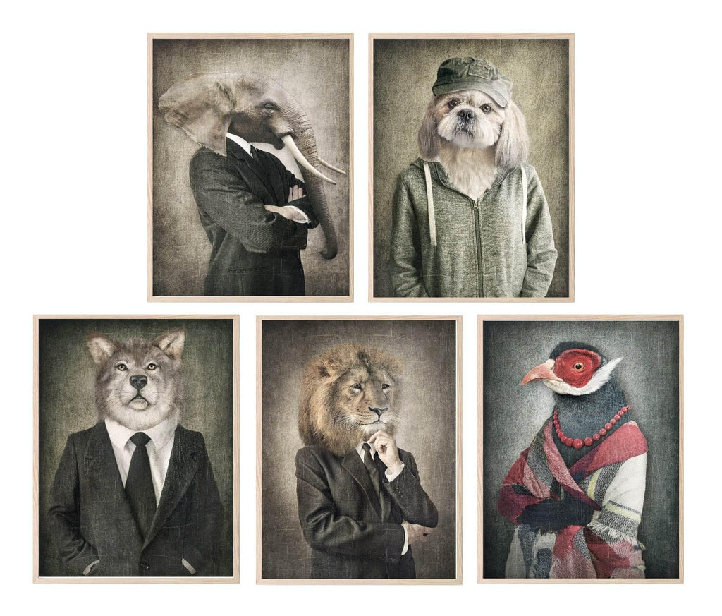 Anthropomorphism Collection Prints | Vintage Style | Animals Dressed Like Humans | Elephant, Dog, Wolf, Lion, Bird - Larosier Prints