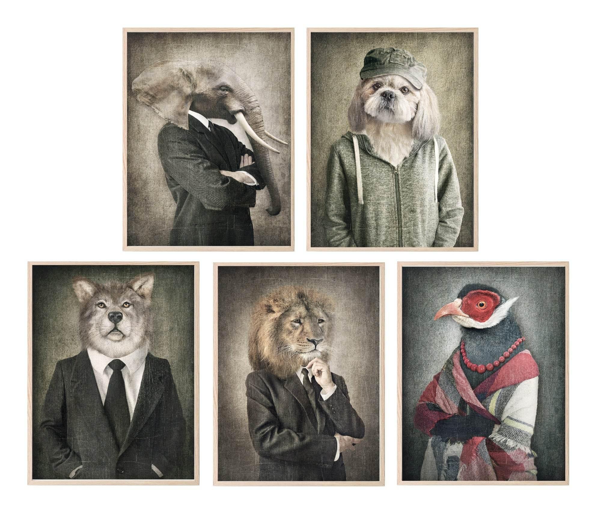 Anthropomorphism Collection Prints | Vintage Style | Animals Dressed Like Humans | Elephant, Dog, Wolf, Lion, Bird - Larosier Prints