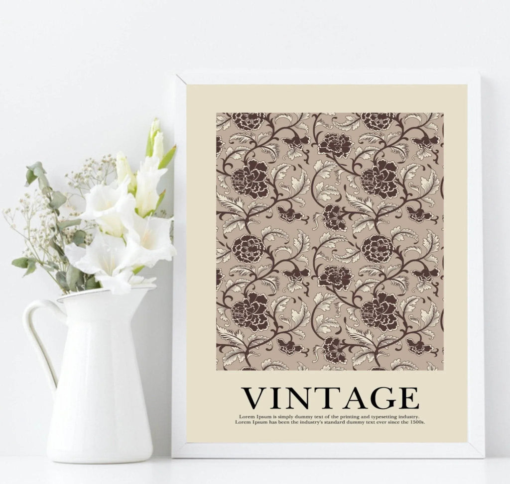 Beige Floral Wall Paper Print | Vintage Flower Garden Wall Art - Larosier Prints