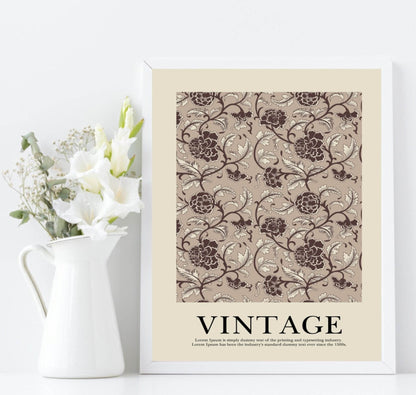 Beige Floral Wall Paper Print | Vintage Flower Garden Wall Art