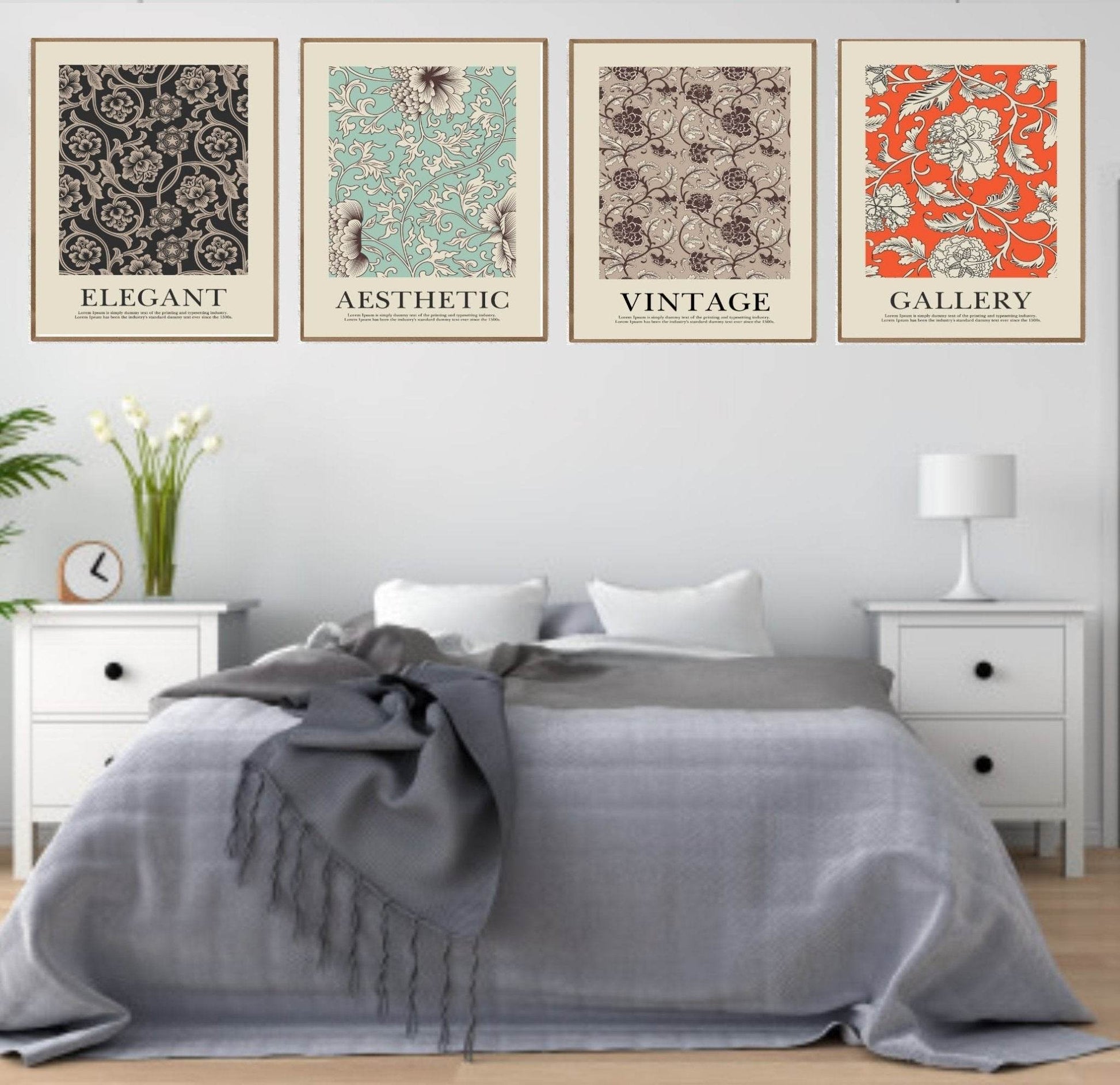 Beige Floral Wall Paper Print | Vintage Flower Garden Wall Art