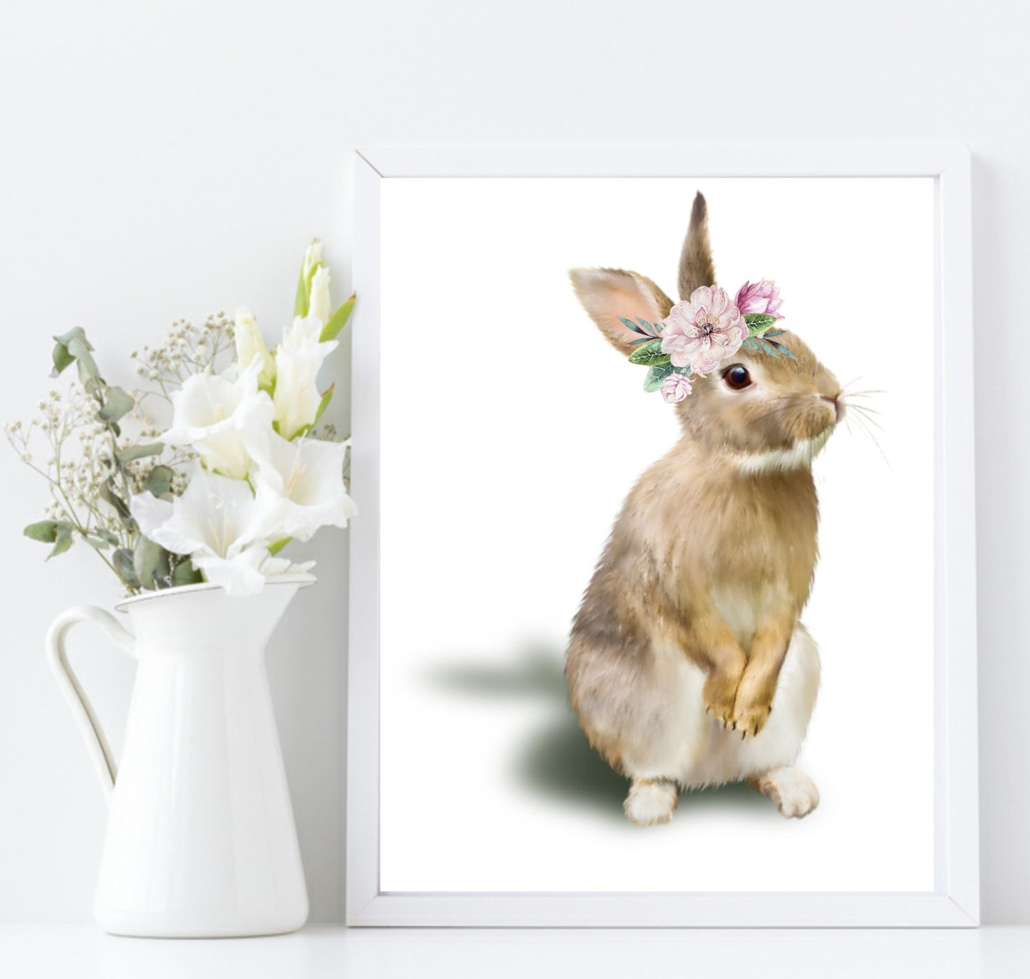 Bunny Rabbit With Floral Crown Print | Animal Wall Art