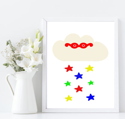 Character Clouds Print | Collection of Kids Wall Art Red Glasses Stars