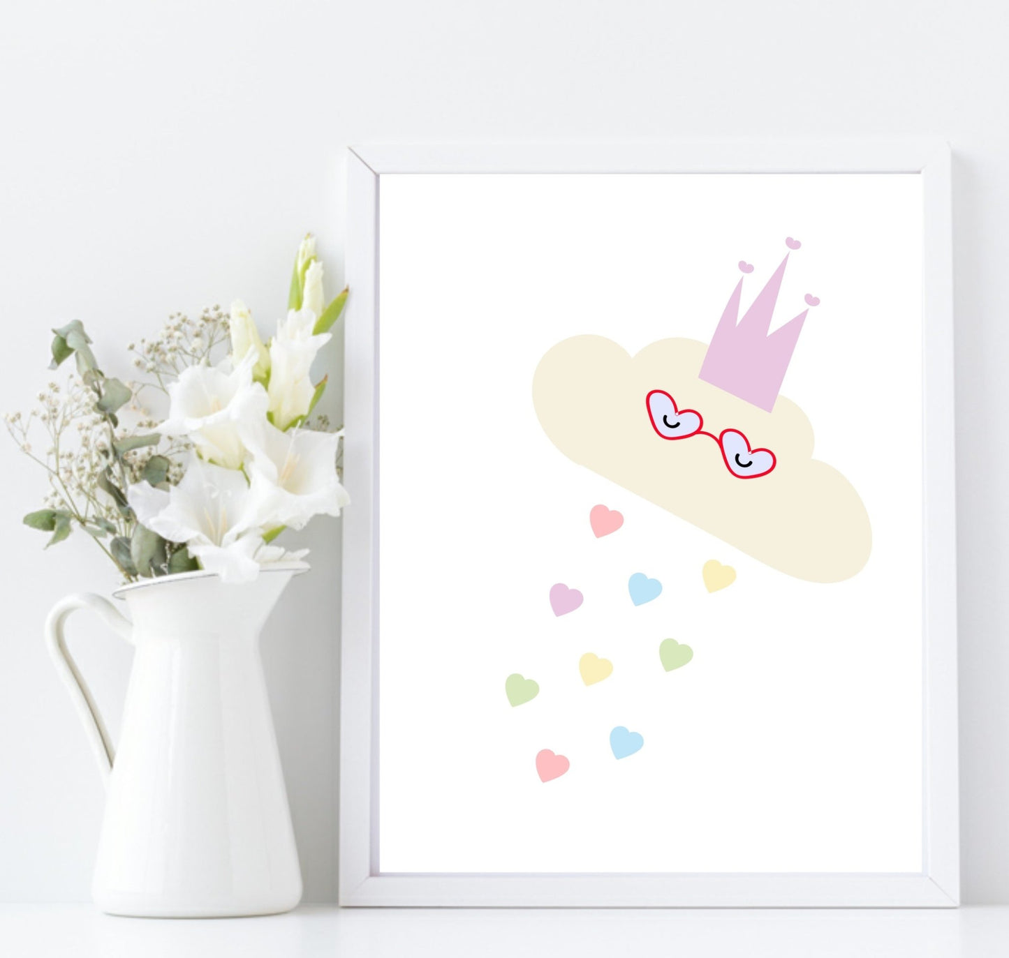 Character Clouds Print | Collection of Kids Wall Art Pink Crown Hearts