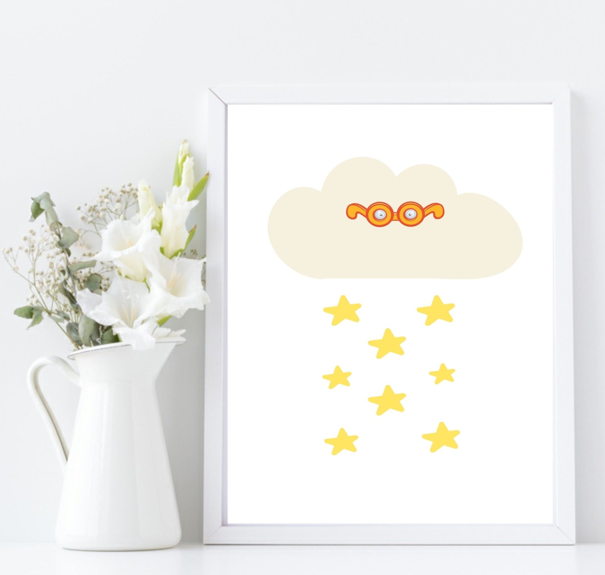 Character Clouds Print | Collection of Kids Wall Art Orange Glasses Stars