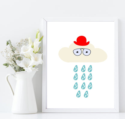 Character Clouds Print | Collection of Kids Wall Art Red Hat Raindrops