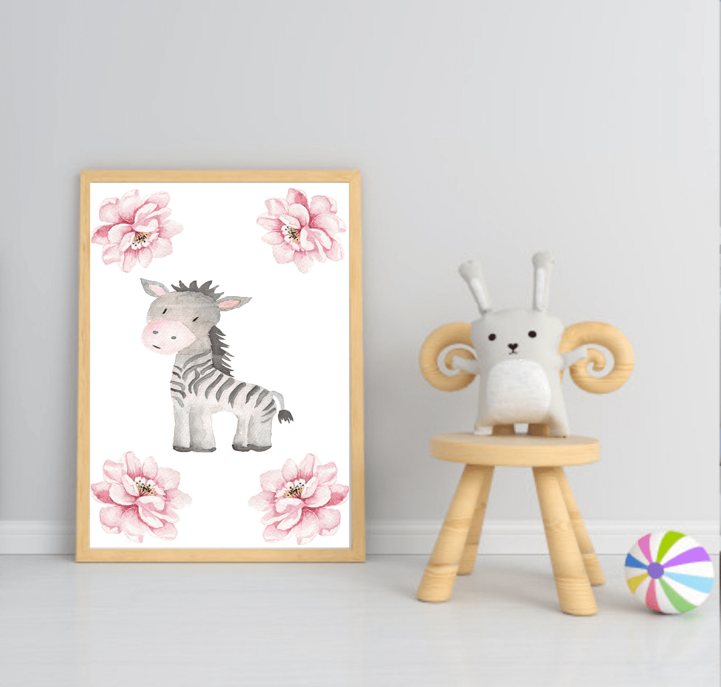 Cute Animals & Floral Print | Kids Wall Art Zebra