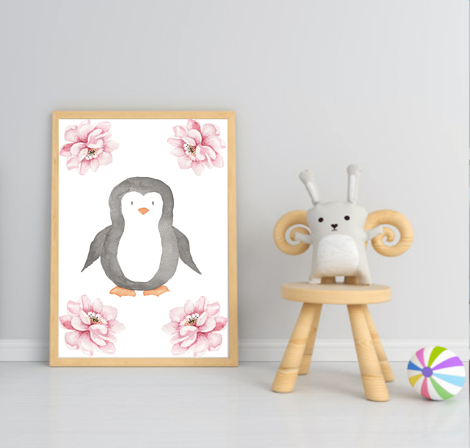 Cute Animals & Floral Print | Kids Wall Art Penguin