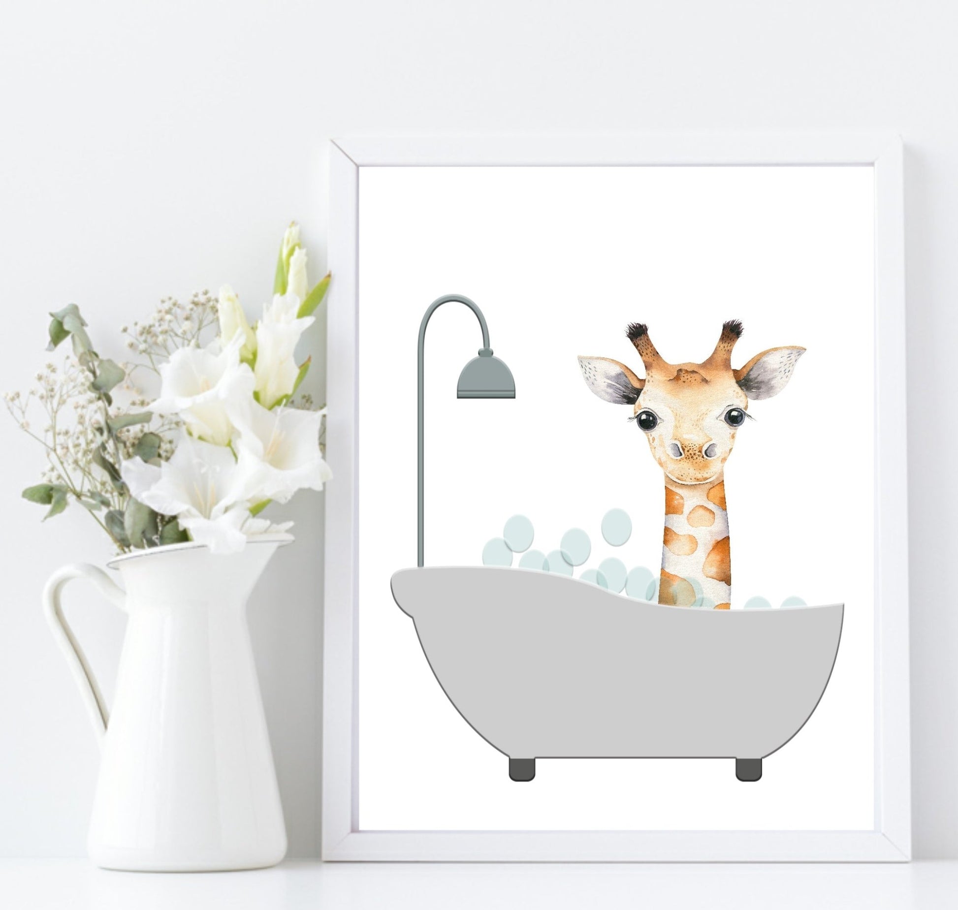 Cute Animals In the Bath Print | Duck, Elephant, Giraffe, Koala, Panda & Sloth Giraffe