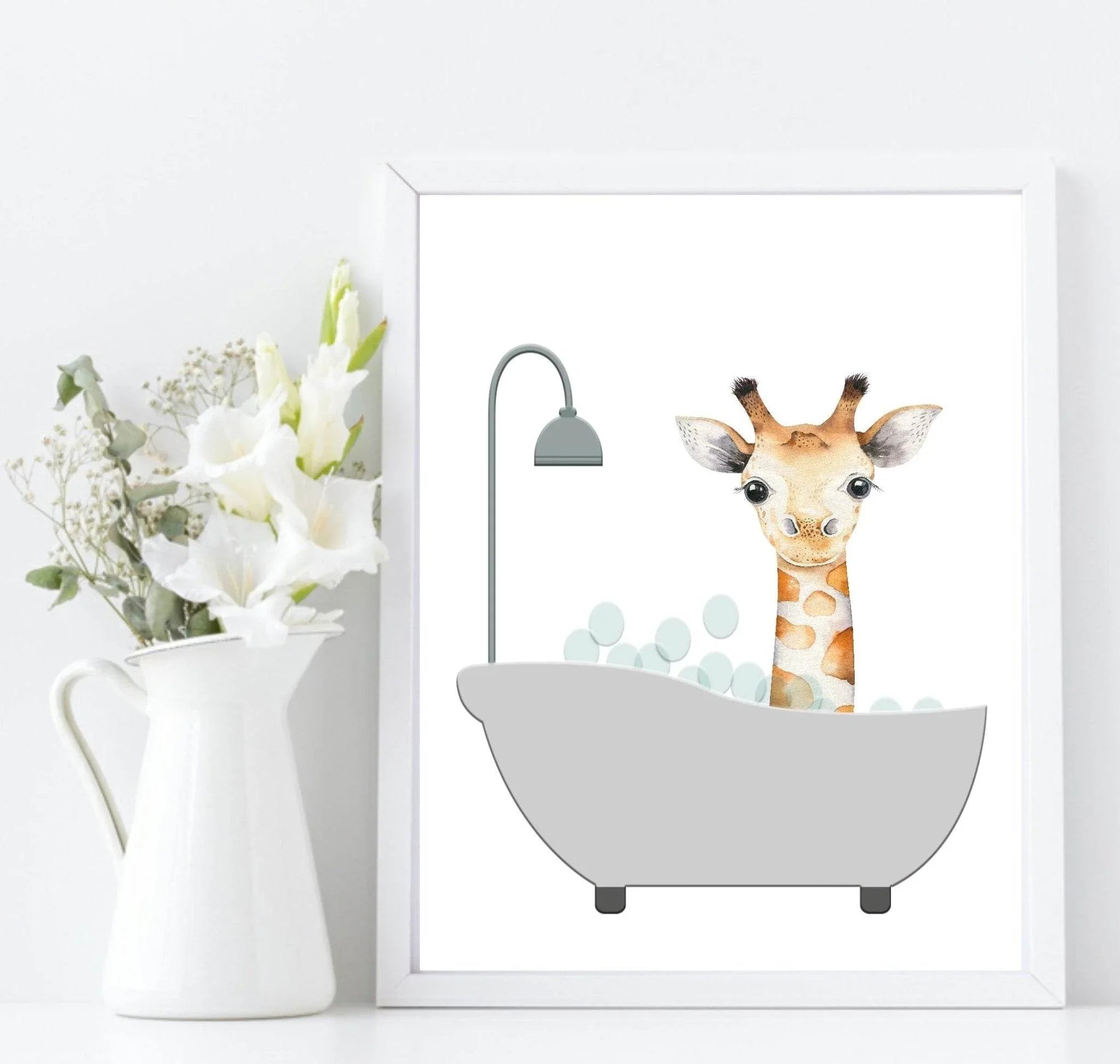 Cute Animals In the Bath Print | Duck, Elephant, Giraffe, Koala, Panda & Sloth - Larosier Prints