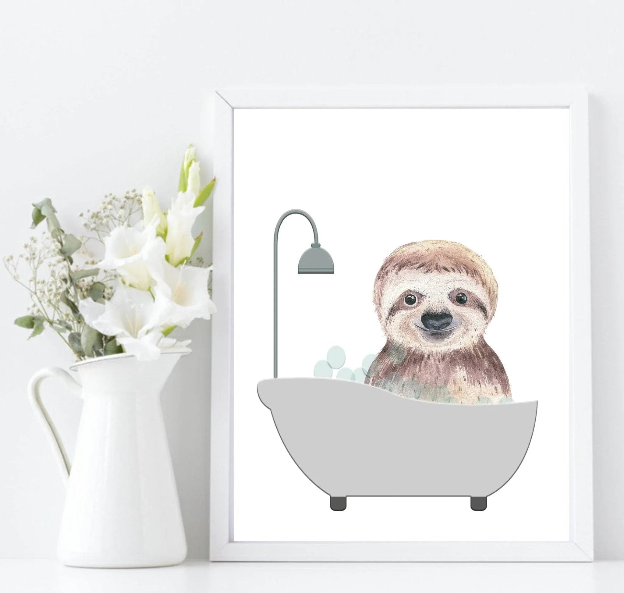 Cute Animals In the Bath Print | Duck, Elephant, Giraffe, Koala, Panda & Sloth - Larosier Prints