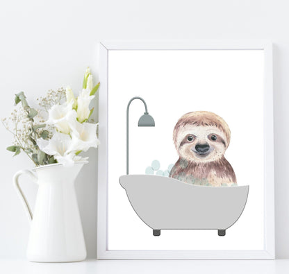 Cute Animals In the Bath Print | Duck, Elephant, Giraffe, Koala, Panda & Sloth Sloth