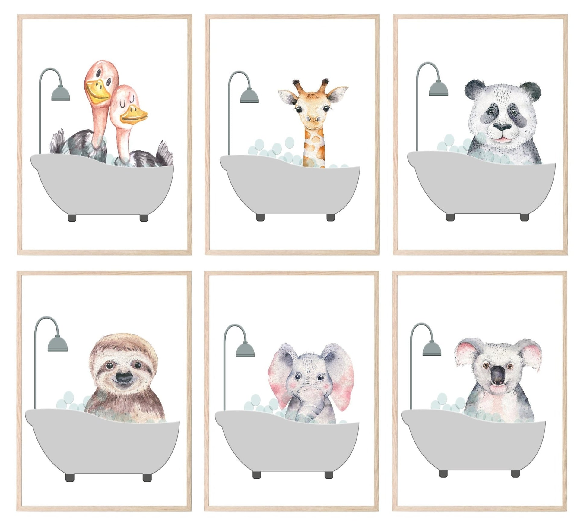 Cute Animals In the Bath Print | Duck, Elephant, Giraffe, Koala, Panda & Sloth