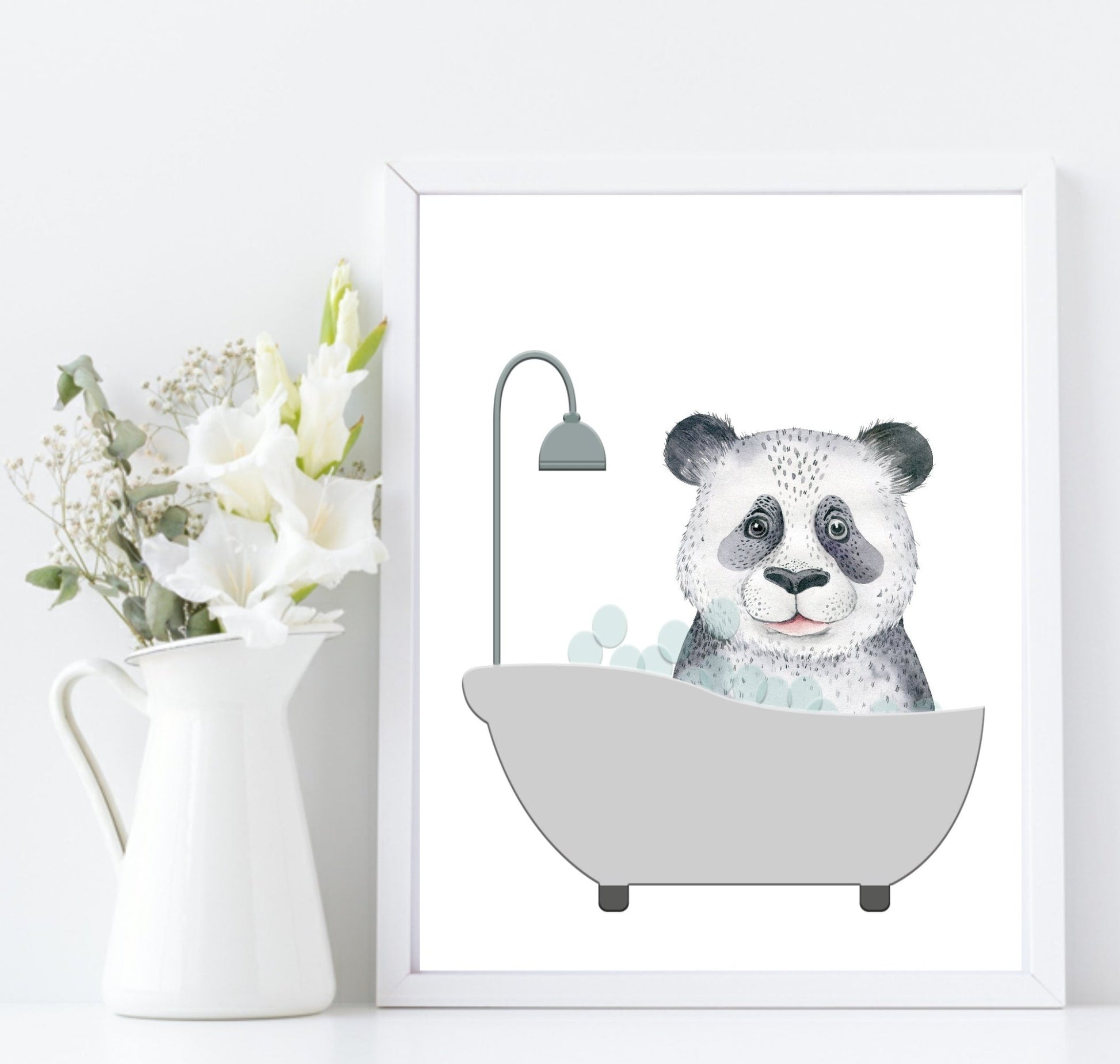 Cute Animals In the Bath Print | Duck, Elephant, Giraffe, Koala, Panda & Sloth Panda