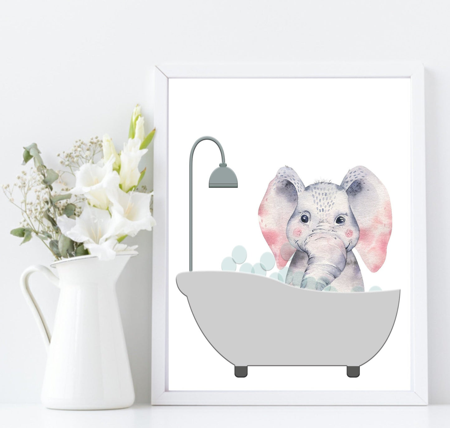 Cute Animals In the Bath Print | Duck, Elephant, Giraffe, Koala, Panda & Sloth Elephant