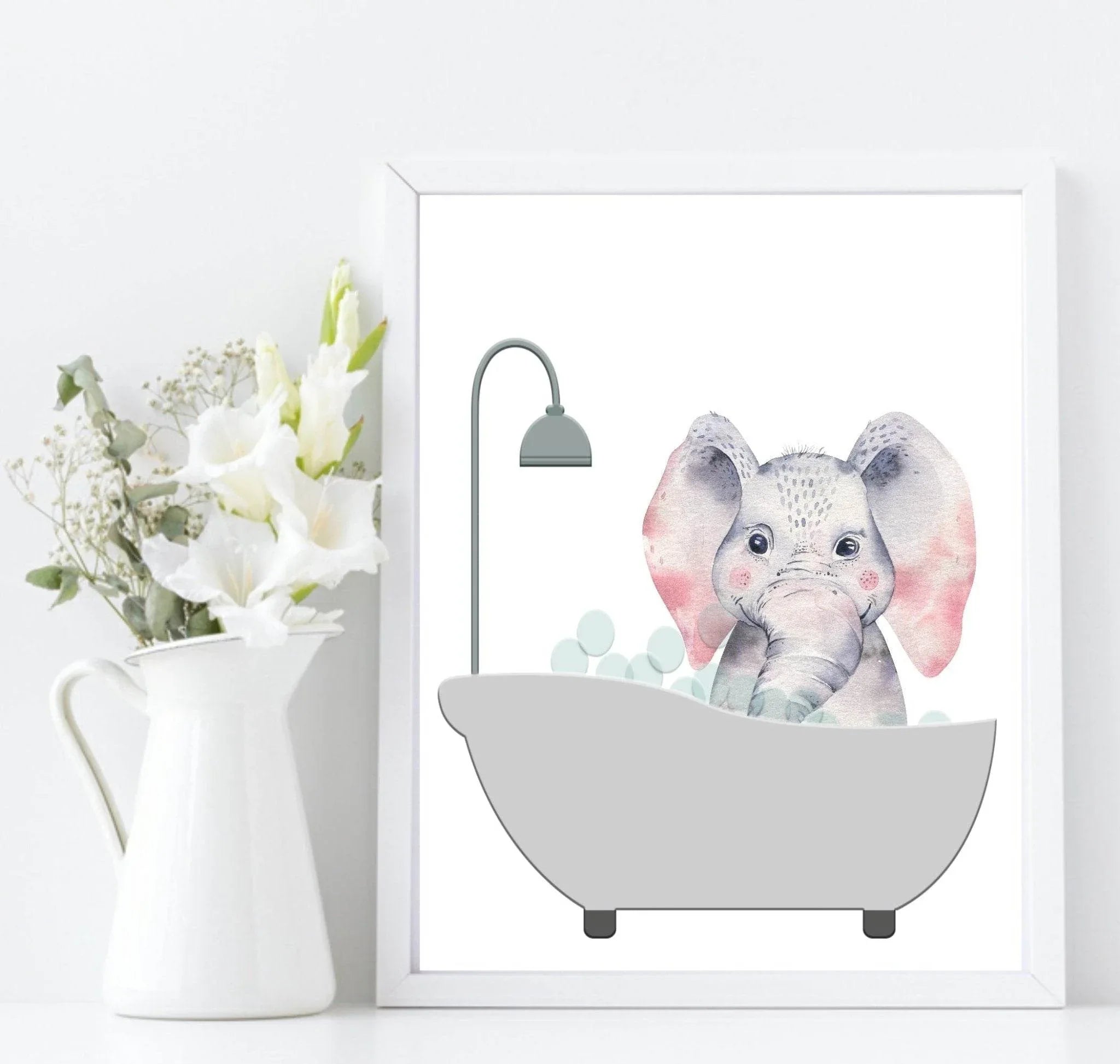 Cute Animals In the Bath Print | Duck, Elephant, Giraffe, Koala, Panda & Sloth - Larosier Prints