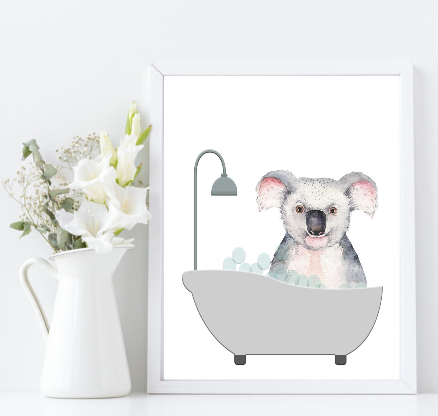 Cute Animals In the Bath Print | Duck, Elephant, Giraffe, Koala, Panda & Sloth Koala