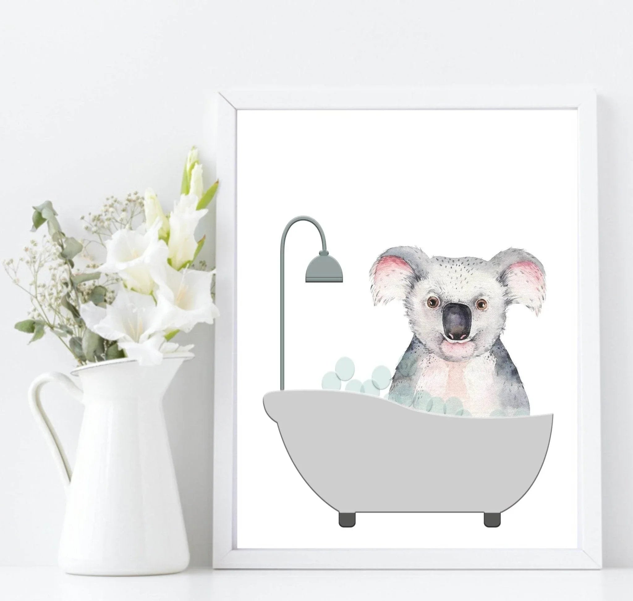 Cute Animals In the Bath Print | Duck, Elephant, Giraffe, Koala, Panda & Sloth - Larosier Prints