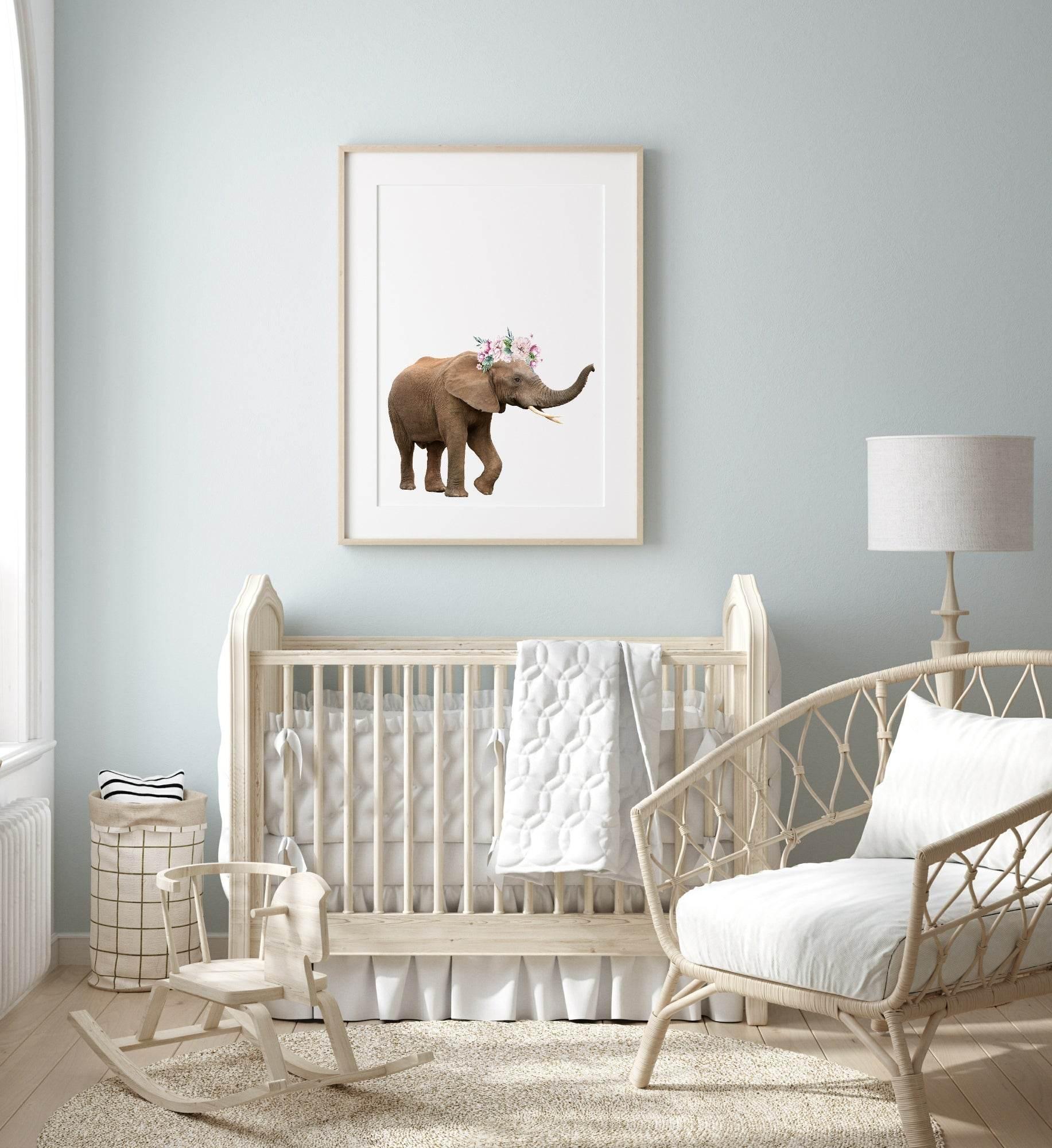 Elephant with Floral Crown | Kids Animal Wall Art - Larosier Prints