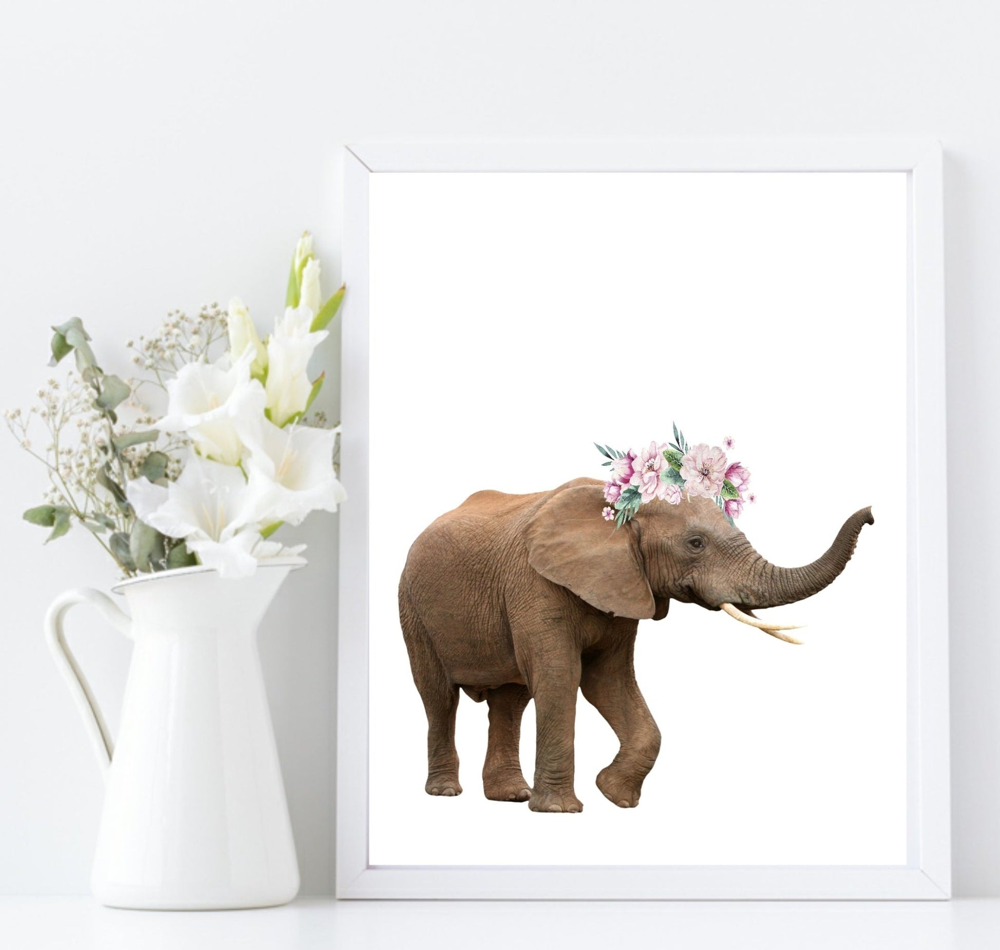 Elephant with Floral Crown | Kids Animal Wall Art