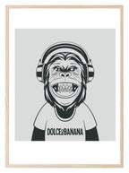 Fun Animal & Fashion Music Print | Happy Monkey wearing Dolce & Banana T-Shirt & Headphones - Larosier Prints