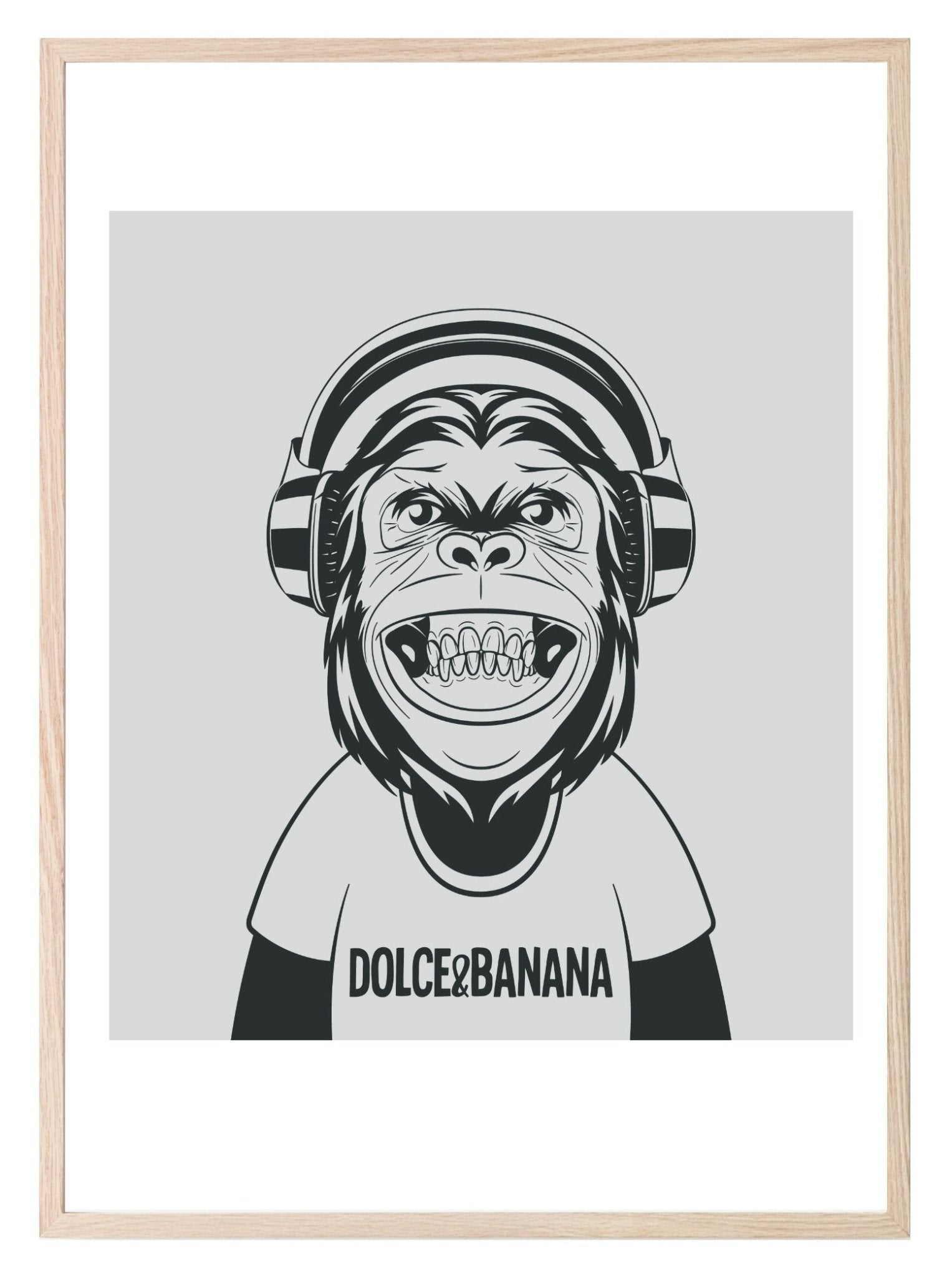 Fun Animal & Fashion Music Print | Happy Monkey wearing Dolce & Banana T-Shirt & Headphones