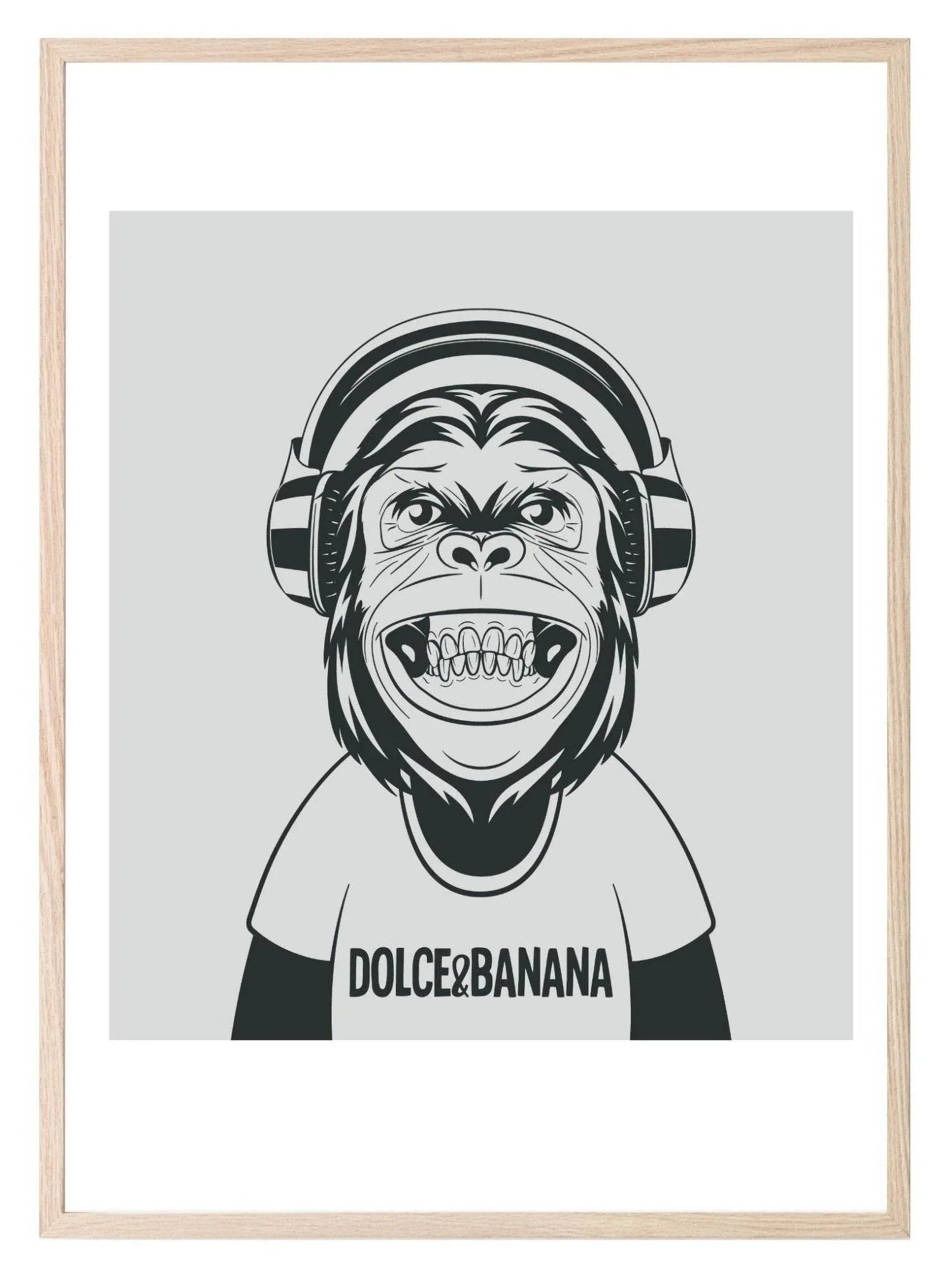 Fun Animal & Fashion Music Print | Happy Monkey wearing Dolce & Banana T-Shirt & Headphones - Larosier Prints