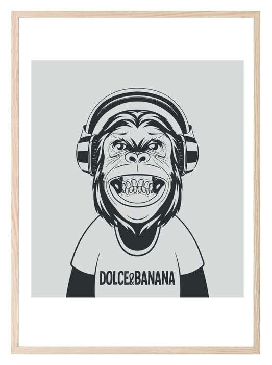 Fun Animal & Fashion Music Print | Happy Monkey wearing Dolce & Banana T-Shirt & Headphones