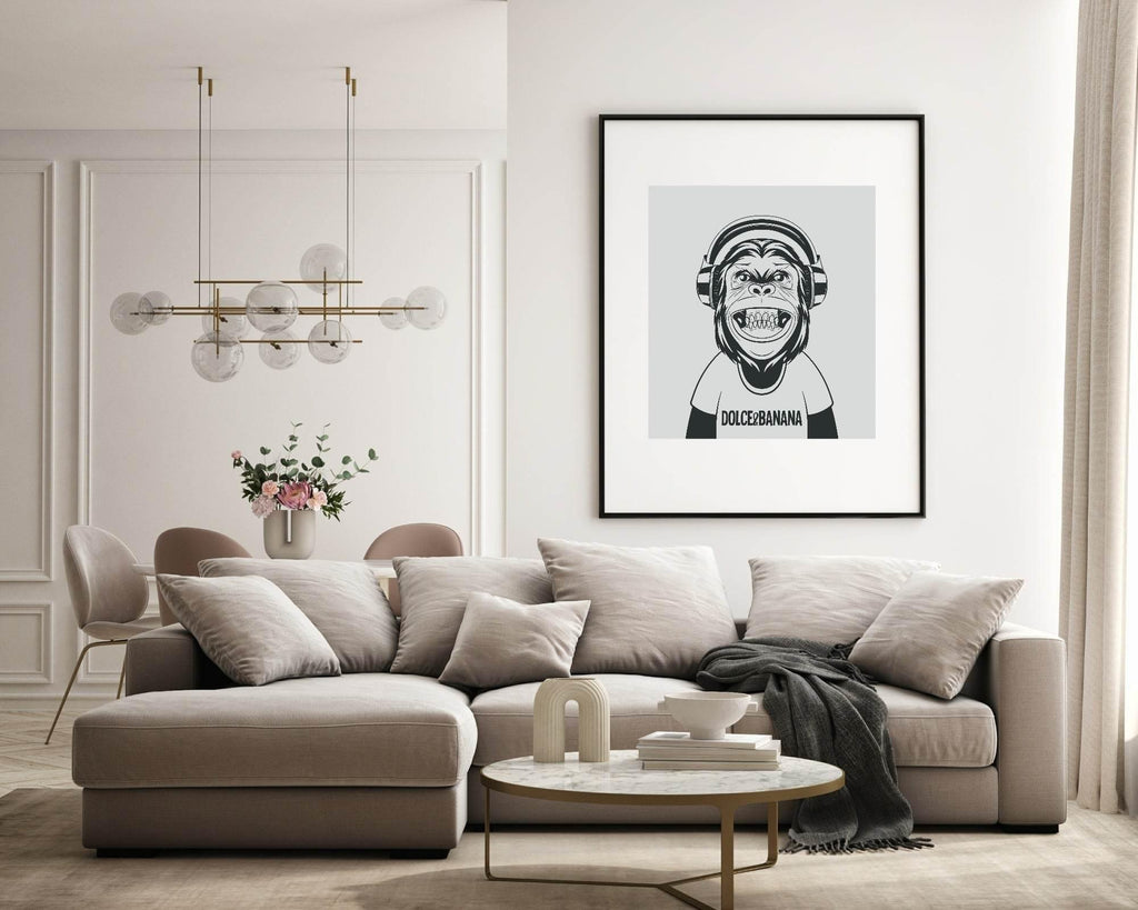 Fun Animal & Fashion Music Print | Happy Monkey wearing Dolce & Banana T-Shirt & Headphones - Larosier Prints