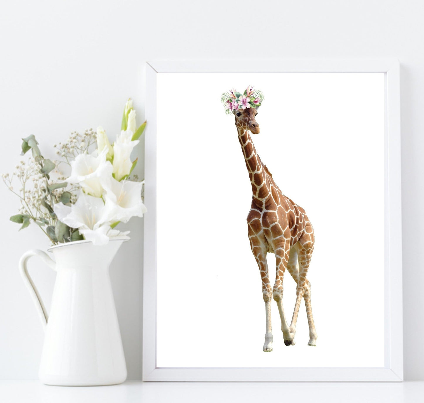 Giraffe With Floral Crown Print | Kids Animal Wall Art