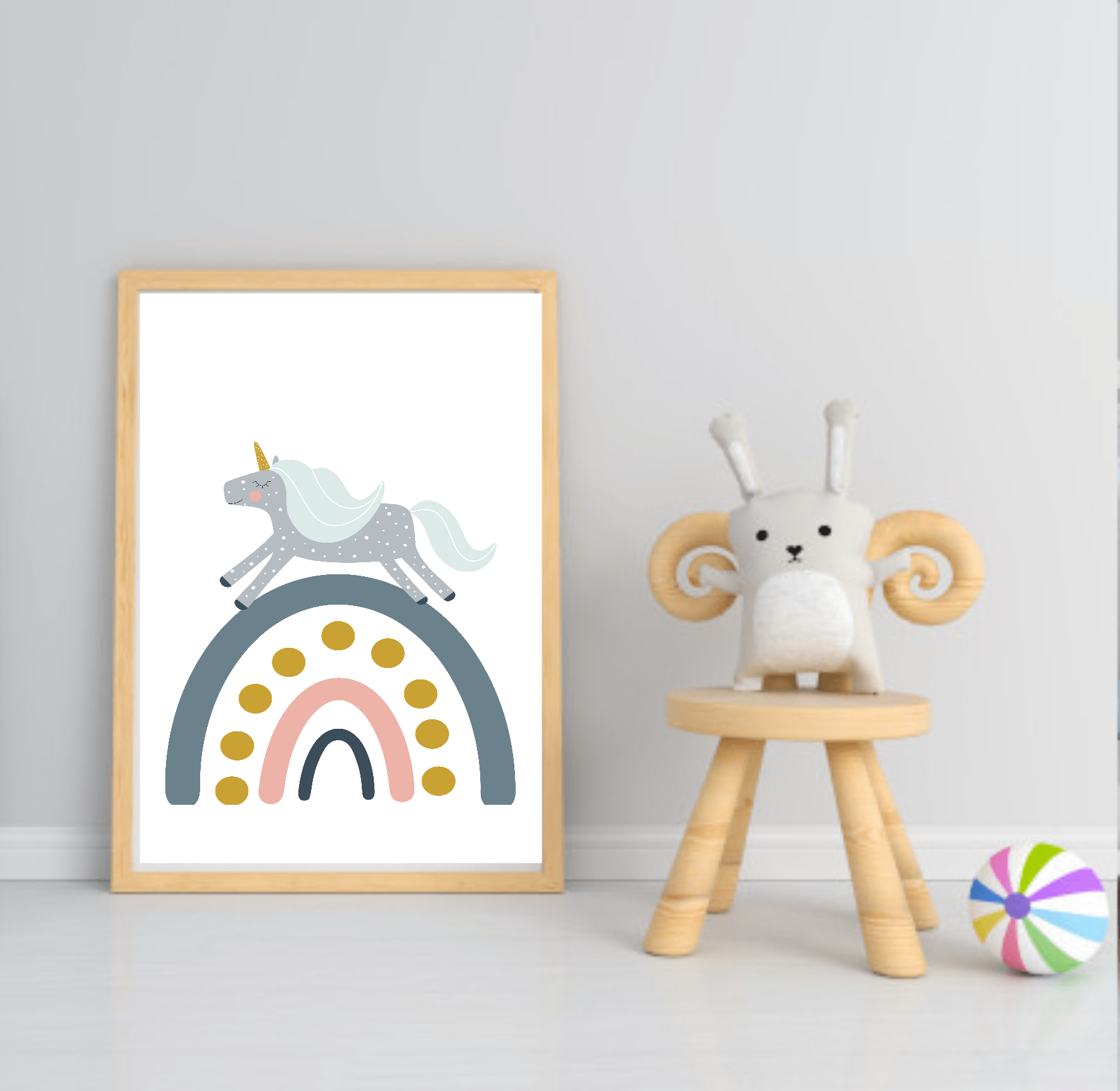 Girls Modern Rainbow Magic Prints | Collection Of Nursery and Playroom Wall Art Unicorn Over Rainbow