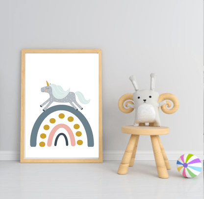 Girls Modern Rainbow Magic Prints | Collection Of Nursery and Playroom Wall Art Unicorn Over Rainbow