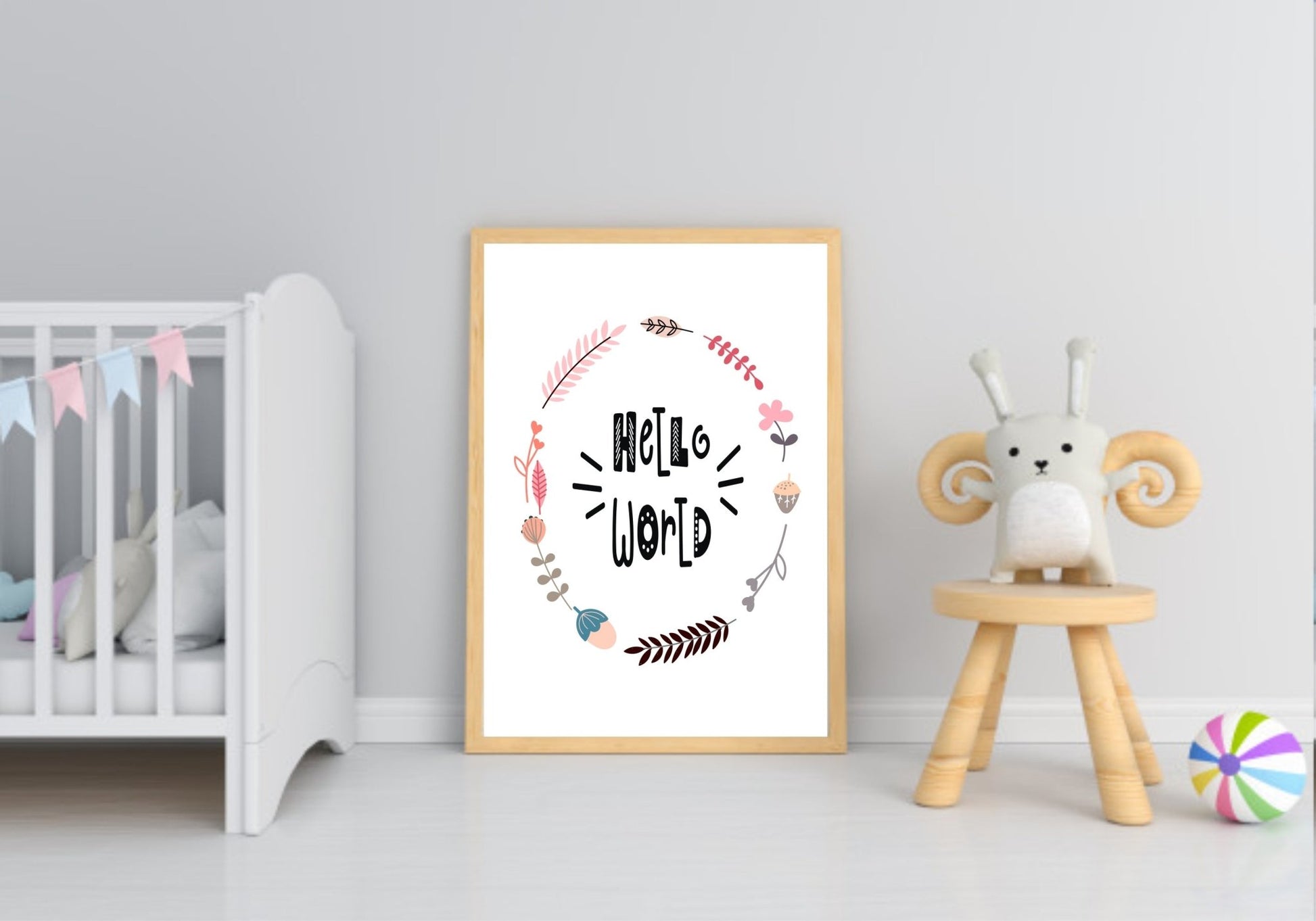 Hello World Print | Scandi Inspired Kids Wall Art With Wreath