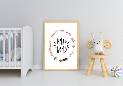 Hello World Print | Scandi Inspired Kids Wall Art With Wreath