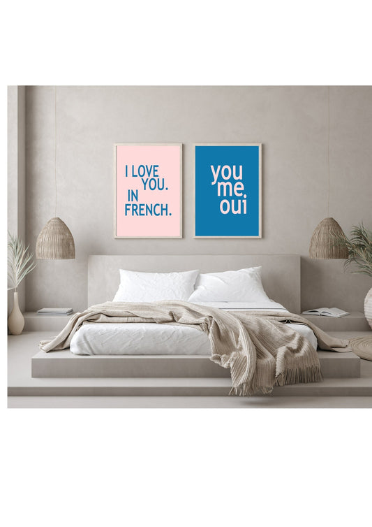 I Love You In French Prints | Set of 2 | Over The Bed Couple Wall Art | Customisable