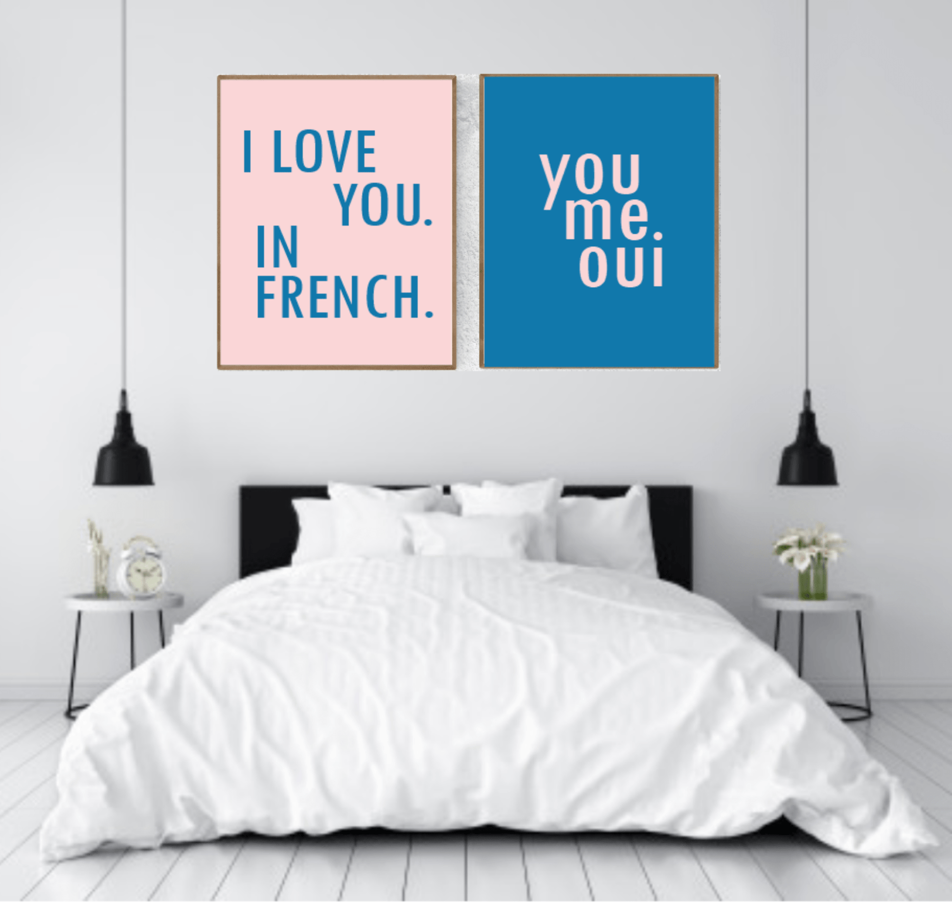 I Love You In French Prints | Set of 2 | Over The Bed Couple Wall Art | Customisable