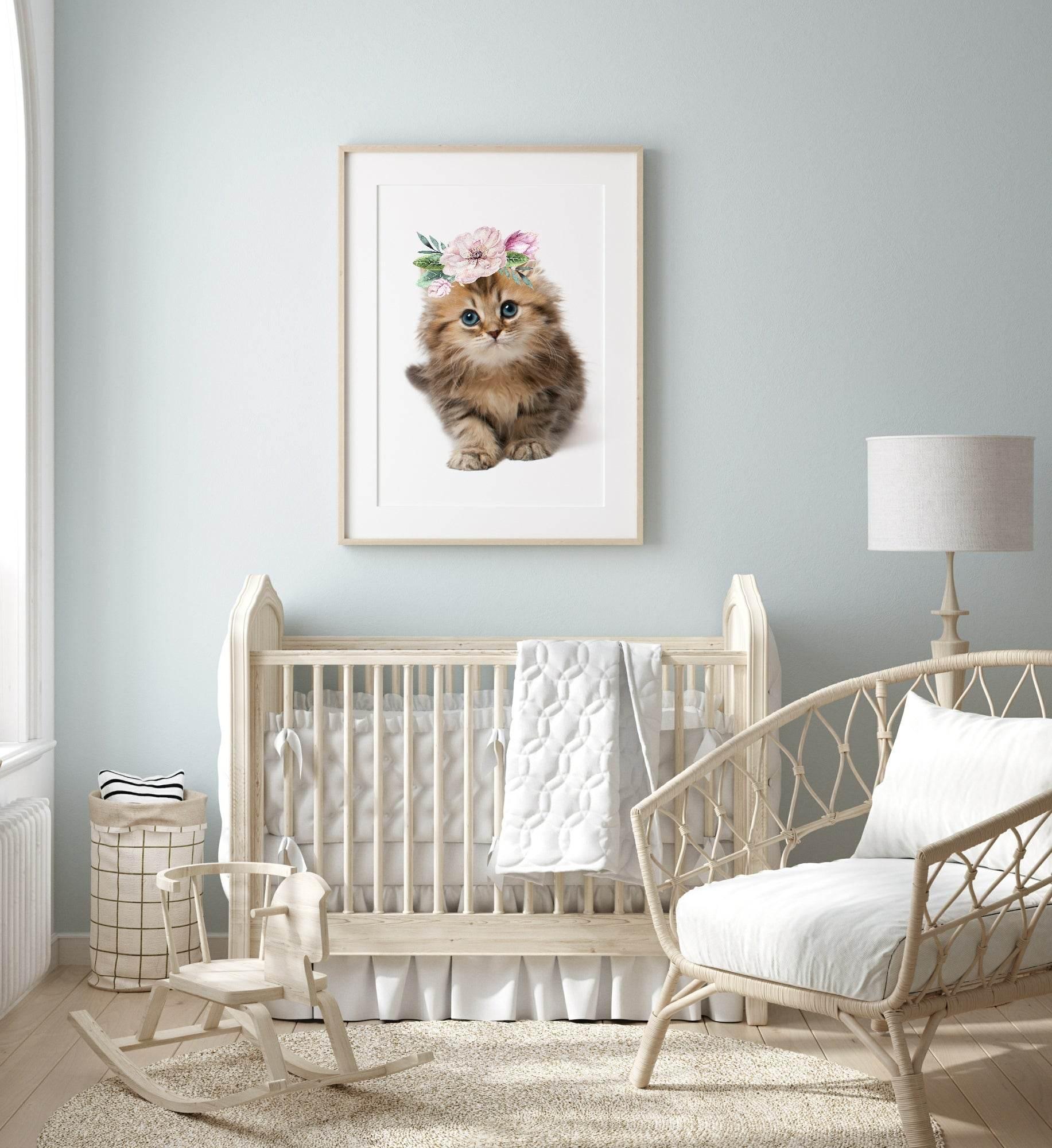 Kitten With Floral Crown Print | Kids Animal Wall Art - Larosier Prints