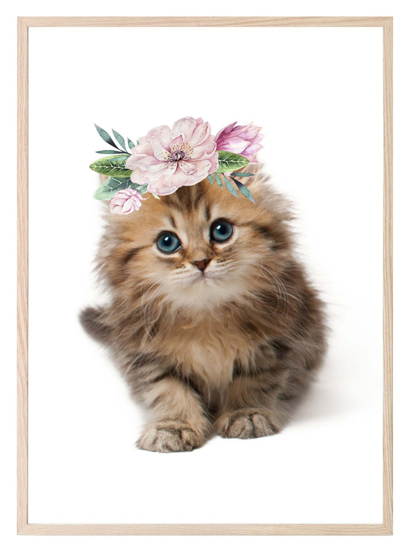 Kitten With Floral Crown Print | Kids Animal Wall Art