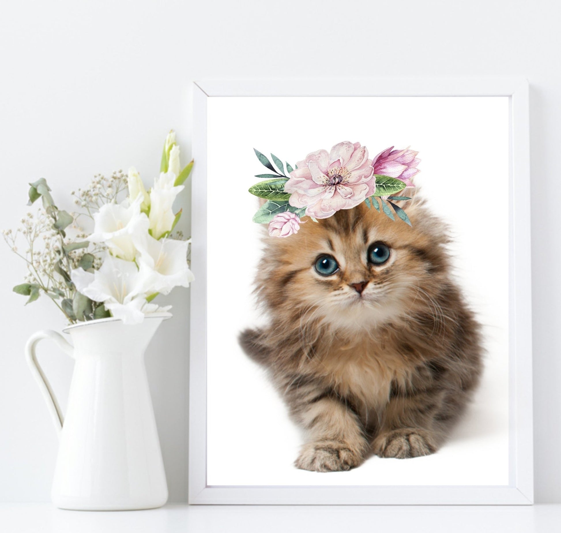 Kitten With Floral Crown Print | Kids Animal Wall Art