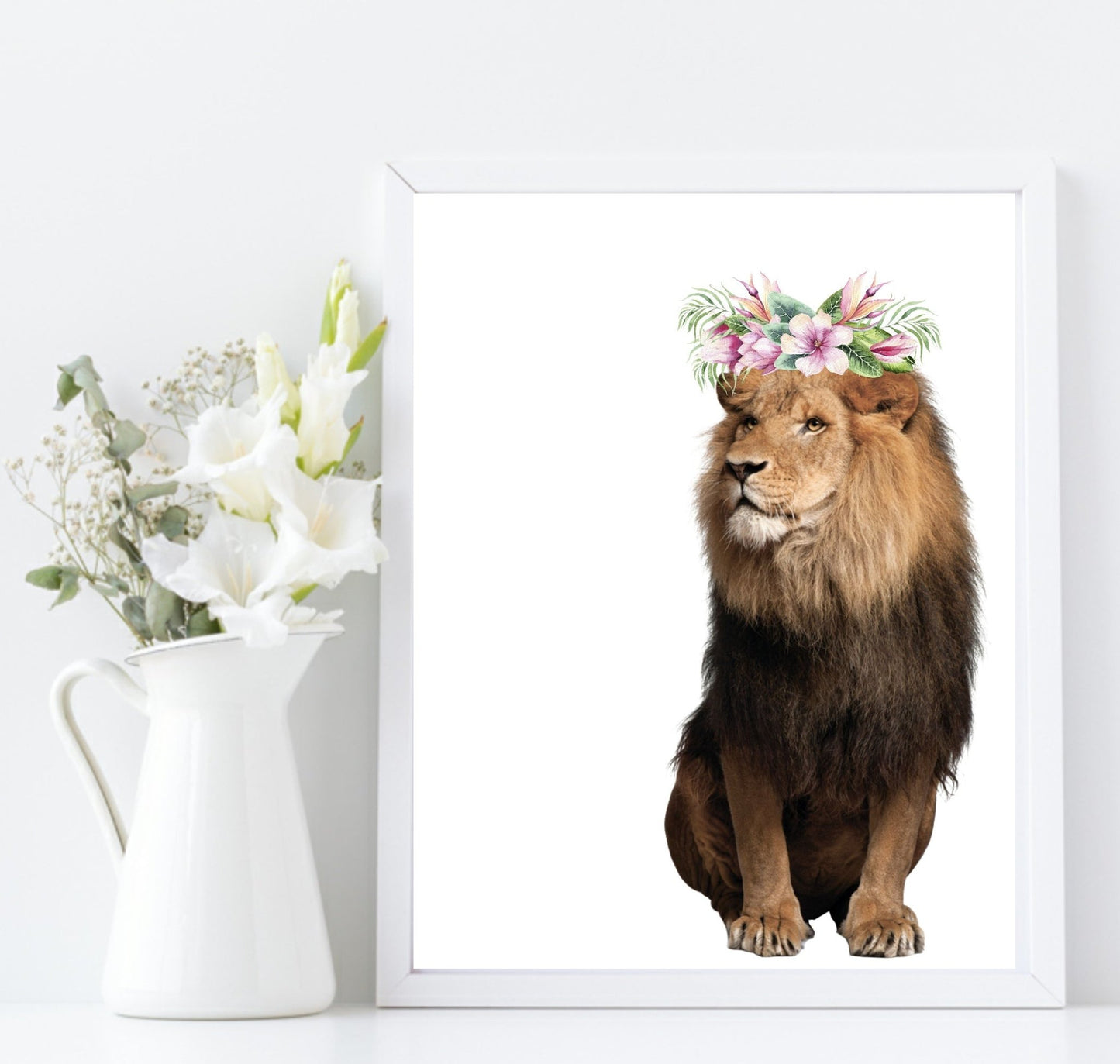 Lion With Floral Crown Print | Kids Animal Wall Art