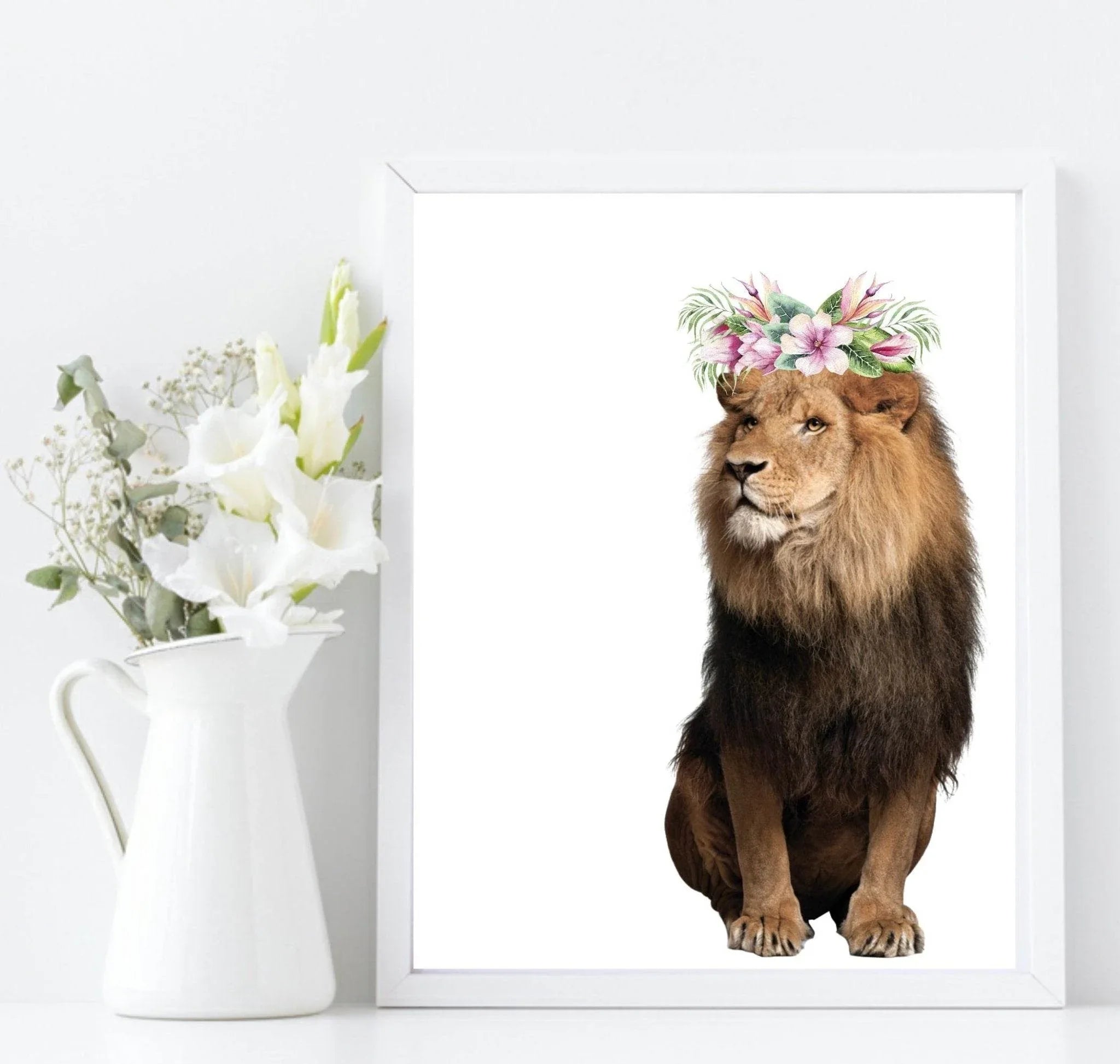 Lion With Floral Crown Print | Kids Animal Wall Art - Larosier Prints