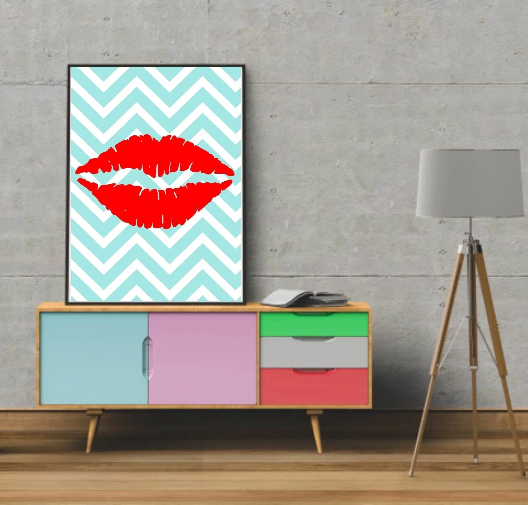 Lipstick Kiss Print | Aqua Blue & White Chevron Background, Red Lips Teens Wall Art - Larosier Prints