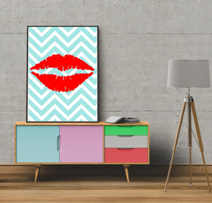 Lipstick Kiss Print | Aqua Blue & White Chevron Background, Red Lips Teens Wall Art